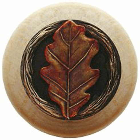 NHW-744N-BHT Oak Leaf Wood Knob in Hand-tinted Antique Brass/Natural wood finish 1-1/2" Dia 1-1/8" Proj Leaves Collection by Notting Hill