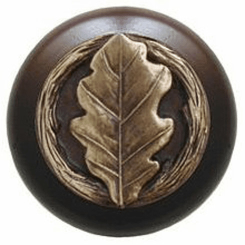 NHW-744W-AB Oak Leaf Wood Knob in Antique Brass/Dark Walnut wood finish 1-1/2" Dia 1-1/8" Proj Leaves Collection by Notting Hill