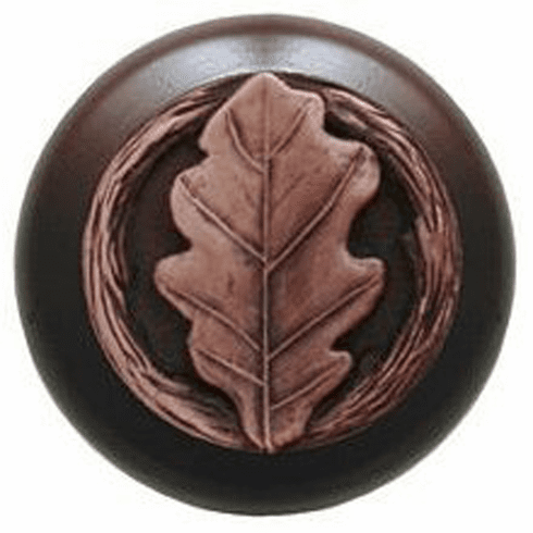 NHW-744W-AC Oak Leaf Wood Knob in Antique Copper/Dark Walnut wood finish 1-1/2" Dia 1-1/8" Proj Leaves Collection by Notting Hill