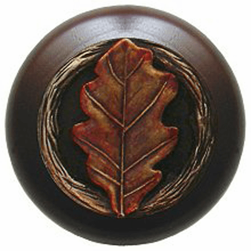 NHW-744W-BHT Oak Leaf Wood Knob in Hand-tinted Antique Brass/Dark Walnut wood finish 1-1/2" Dia 1-1/8" Proj Leaves Collection by Notting Hill