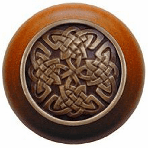 NHW-757C-AB Celtic Isles Wood Knob in Antique Brass/Cherry wood finish 1-1/2" Dia 1-1/8" Proj Nouveau Collection by Notting Hill
