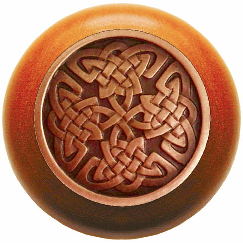 NHW-757C-AC Celtic Isles Wood Knob in Antique Copper/Cherry wood finish 1-1/2" Dia 1-1/8" Proj Nouveau Collection by Notting Hill