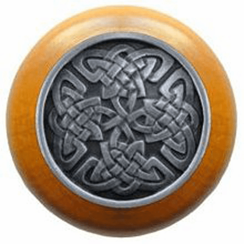 NHW-757M-AP Celtic Isles Wood Knob in Antique Pewter/Maple wood finish 1-1/2" Dia 1-1/8" Proj Nouveau Collection by Notting Hill