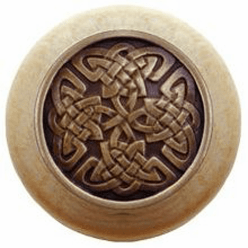 NHW-757N-AB Celtic Isles Wood Knob in Antique Brass/Natural wood finish 1-1/2" Dia 1-1/8" Proj Nouveau Collection by Notting Hill