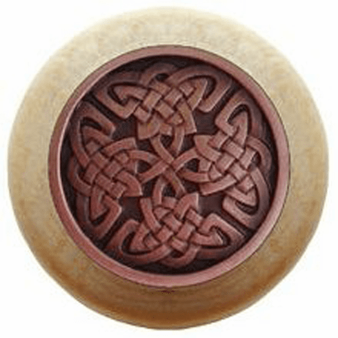 NHW-757N-AC Celtic Isles Wood Knob in Antique Copper/Natural wood finish 1-1/2" Dia 1-1/8" Proj Nouveau Collection by Notting Hill