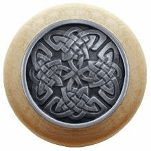 NHW-757N-AP Celtic Isles Wood Knob in Antique Pewter/Natural wood finish 1-1/2" Dia 1-1/8" Proj Nouveau Collection by Notting Hill