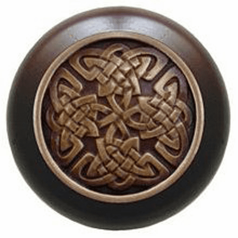 NHW-757W-AB Celtic Isles Wood Knob in Antique Brass/Dark Walnut wood finish 1-1/2" Dia 1-1/8" Proj Nouveau Collection by Notting Hill