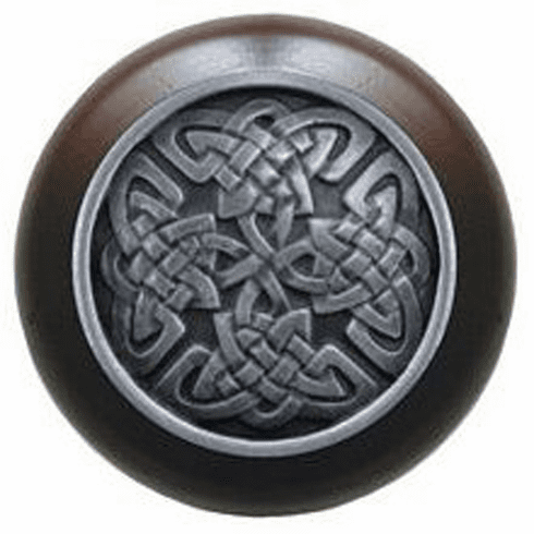 NHW-757W-AP Celtic Isles Wood Knob in Antique Pewter/Dark Walnut wood finish 1-1/2" Dia 1-1/8" Proj Nouveau Collection by Notting Hill