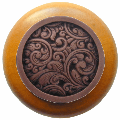 NHW-759M-AC Saddleworth Wood Knob in Antique Copper/Maple wood finish 1-1/2" Dia 1-1/8" Proj Classic Collection by Notting Hill