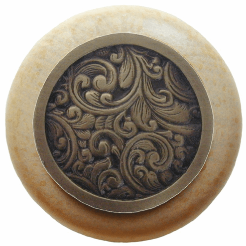 NHW-759N-AB Saddleworth Wood Knob in Antique Brass/Natural wood finish 1-1/2" Dia 1-1/8" Proj Classic Collection by Notting Hill
