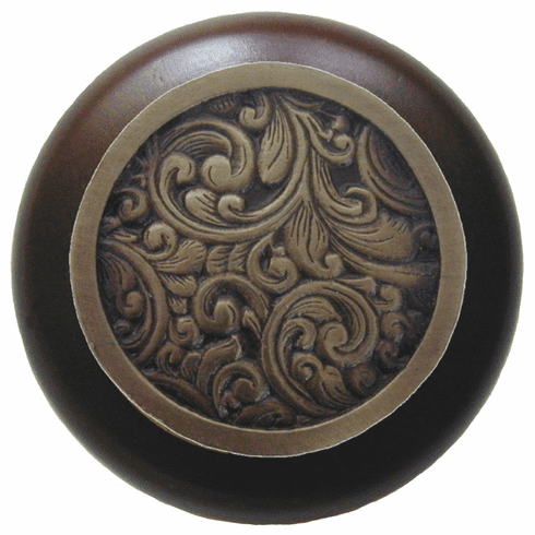 NHW-759W-AB Saddleworth Wood Knob in Antique Brass/Dark Walnut wood finish 1-1/2" Dia 1-1/8" Proj Classic Collection by Notting Hill