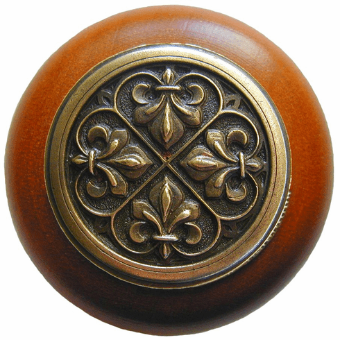 NHW-760C-AB Fleur-de-Lis Wood Knob in Antique Brass/Cherry wood finish 1-1/2" Dia 1-1/8" Proj Chateau Collection by Notting Hill