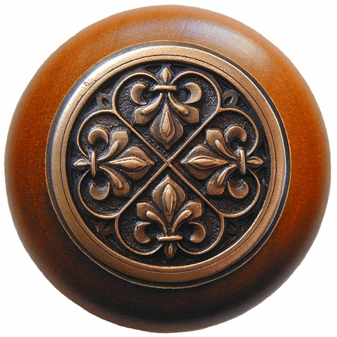 NHW-760C-AC Fleur-de-Lis Wood Knob in Antique Copper/Cherry wood finish 1-1/2" Dia 1-1/8" Proj Chateau Collection by Notting Hill