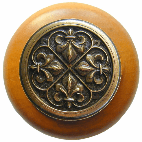 NHW-760M-AB Fleur-de-Lis Wood Knob in Antique Brass/Maple wood finish 1-1/2" Dia 1-1/8" Proj Chateau Collection by Notting Hill