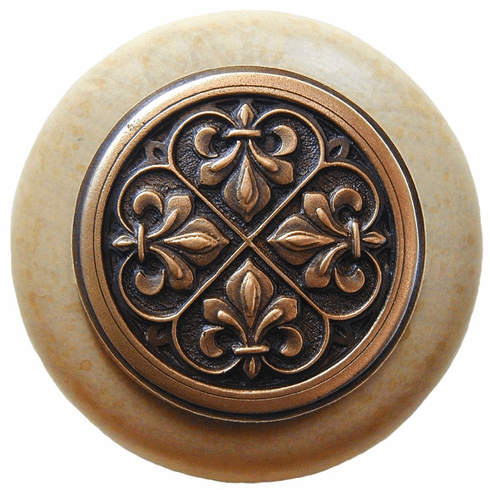 NHW-760N-AC Fleur-de-Lis Wood Knob in Antique Copper/Natural wood finish 1-1/2" Dia 1-1/8" Proj Chateau Collection by Notting Hill
