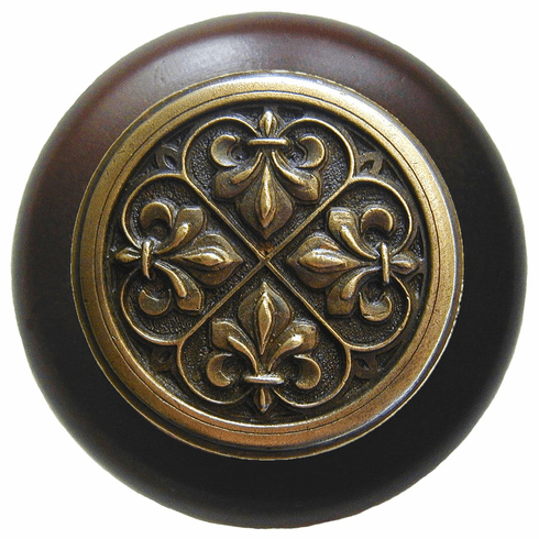 NHW-760W-AB Fleur-de-Lis Wood Knob in Antique Brass/Dark Walnut wood finish 1-1/2" Dia 1-1/8" Proj Chateau Collection by Notting Hill