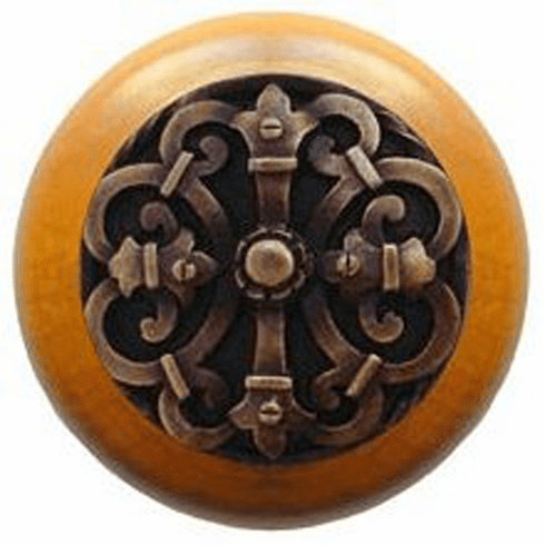 NHW-776M-AB Chateau Wood Knob in Antique Brass/Maple wood finish 1-1/2" Dia 1-1/8" Proj Chateau Collection by Notting Hill