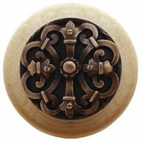 NHW-776N-AB Chateau Wood Knob in Antique Brass/Natural wood finish 1-1/2" Dia 1-1/8" Proj Chateau Collection by Notting Hill