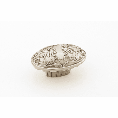 Schaub 993-WB Cantata, Oval Knob, 5/8" cc Scrolled designs with Petals on base in Polished White Brass