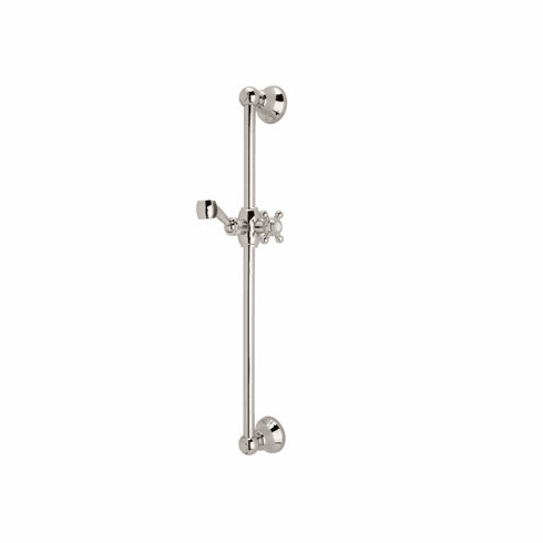 ROHL 1200STN Rohl Brass Sliding Rail Shower Bar In Satin Nickel With Porcelain Cap On Sliding Mechanism And Cross Handle