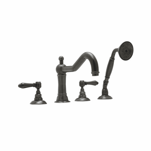 ROHL A1404LMSTN Rohl Country Bath Acqui Four Hole Deck Mounted Tub Filler In Satin Nickel With Metal Levers Column Spout And Single Function Brass Handshower With Metal Insert