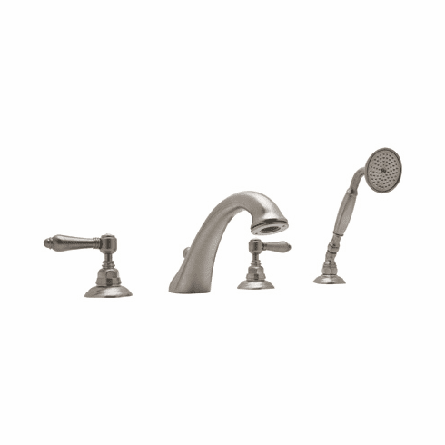 ROHL A1464LMTCB Rohl Country Bath Viaggio Four Hole Deck Mounted Tub Filler In Tuscan Brass With Metal Levers^C^ Spout And Single Function Brass Handspray With Metal