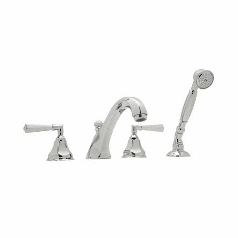 ROHL A1904LMSTN Rohl Palladian Four Hole Deck Mounted Tub Filler In Satin Nickel With Palladian Metal Levers And Hex Spout