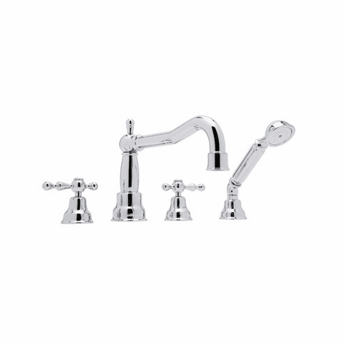 ROHL AC262LM-PN Rohl Arcana Four Hole Deck Mounted Roman Bathtub Filler Set With Column Spout And Handshower In Polished Nickel With Classic Metal Levers And 3/4^
