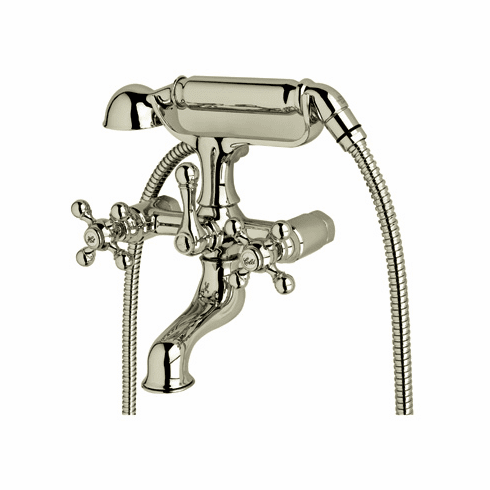 ROHL AC7X-IB Rohl Arcana Exposed Tub Filler Mixer Without Unions In Inca Brass With Cross Handles And Metal Handshower With Hose