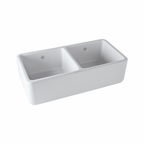 ROHL RC3719WH Shaws Farnworth Double Bowl Apron Front White Fireclay Kitchen Sink O.D. 36 5/8^ X 18 1/2^ X 10 1/2^ With 9^ Internal Bowl Depth And Two 3 1/2^ Drains