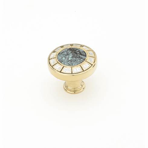 Schaub 655-PB Fair Isle, Round Knob, Imperial Shell and Mother of Pearl inlaid on Solid Brass, Polished Brass Finish