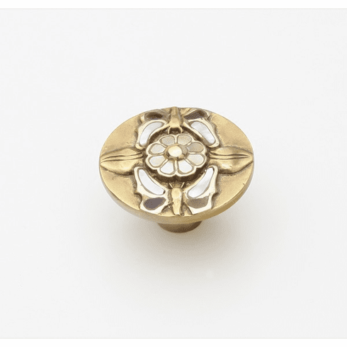 Schaub 954K-AB Solid Brass Knob, 1-1/2" dia with Tiger Penshell and Yellow and White Mother of Pearl on Antique Brass Finish