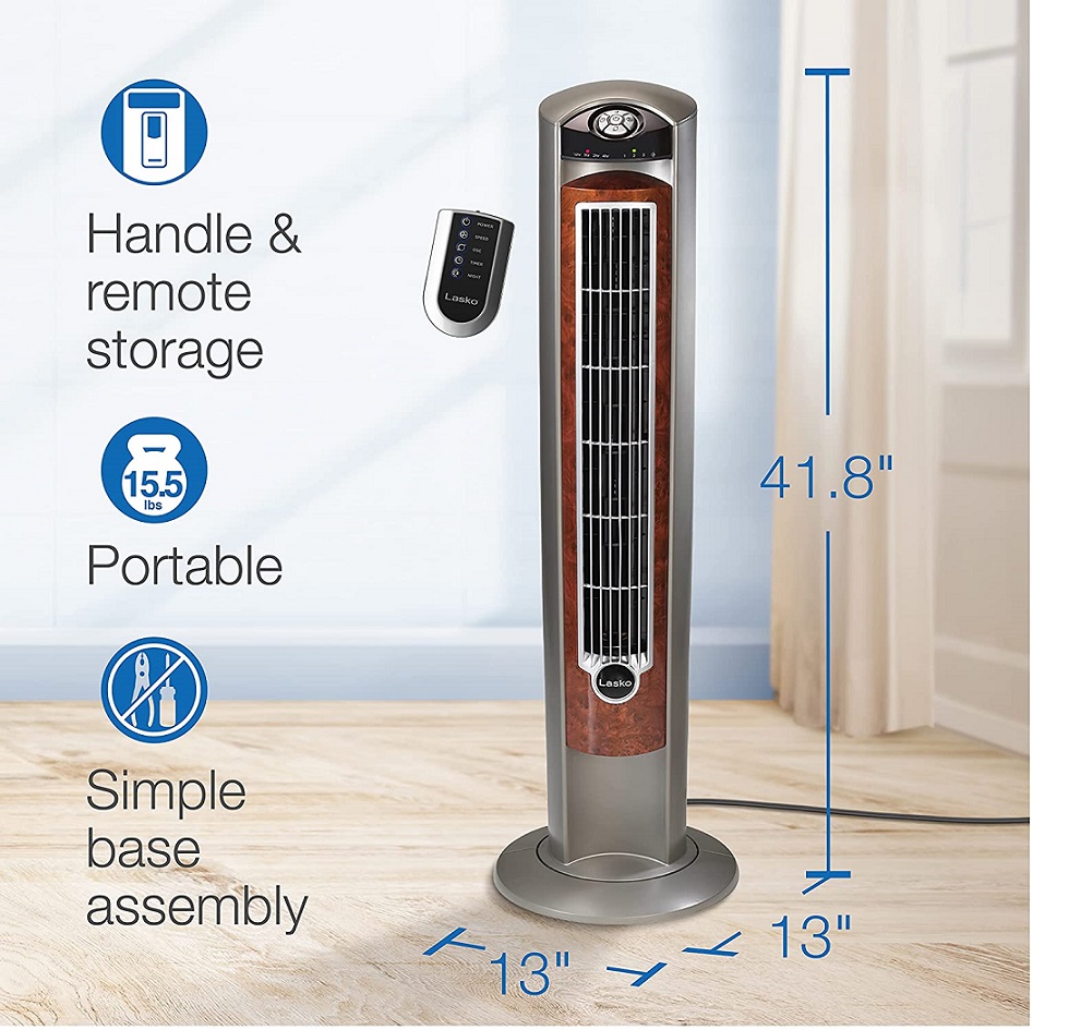 Lasko T42954 3-Speed 42 inch Wind Curve Oscillating Tower Fan, 7-1/2 hours  Timer, Remote Control, Gray / Wood