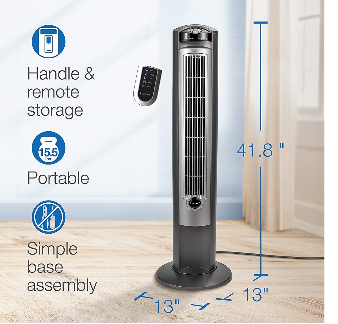 Lasko T42951 3-Speed 42 inch Wind Curve Oscillating Tower Fan, 7-1/2 hours  Timer, Remote Control, Silver / Gray