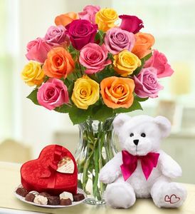 Assorted Roses, 18 stems with Bear & Chocolate