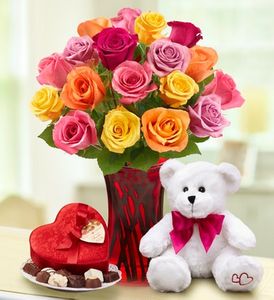 Assorted Roses, 18 stems with Bear Chocolate