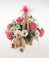 Basket arrangement with plush bear for a baby girl.