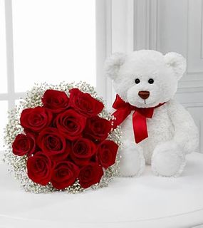 Sm Bear and Red rose  with no vase 