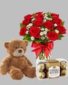  Red roses with a lovely teddy bear and chocolate