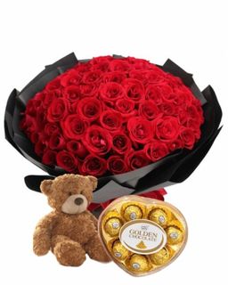 Bouquet of 50 red roses with a lovely teddy bear and chocolate 