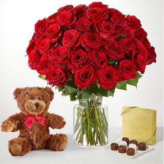 Long Stem Red Rose with Chocolate and Bear
