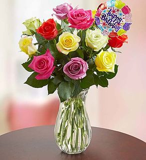 Happy Birthday Assorted Roses, 12- Stems