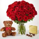 Long Stem Red Rose with Chocolate and Bear