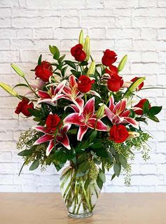 One Dozen Long Stem Roses with Stargazer Lilies Delivery In Irving