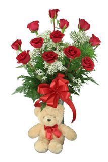 One Dozen Red Roses and VD Teddy Bear 