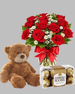  Red roses with a lovely teddy bear and chocolate