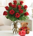 Rose Lovers Bouquet™ - One Dozen Red Bear and Chocolate Rose Lovers Bouquet™ - One Dozen Red Bear and Chocolate