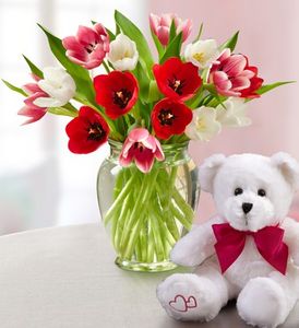 Sweetest Love Tulips, 15 Stems W/Bear