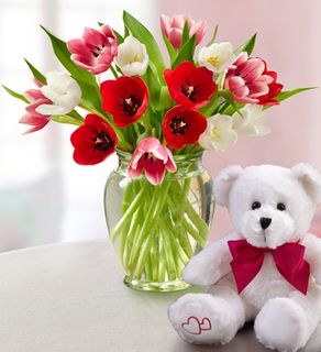Sweetest Love Tulips, 15 Stems W/Bear