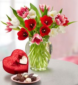 Sweetest Love Tulips, 15 Stems w Chocolate